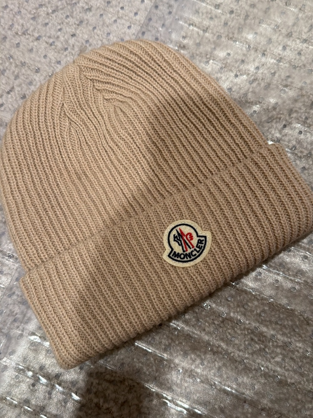 Moncler Fold-Over Ribbed Beanie in Beige
